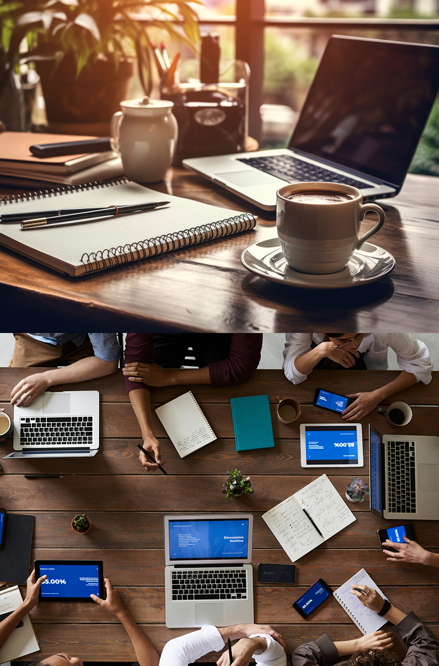 Shared business devices in a collaborative office environment highlighting why business antivirus and managed IT security are required beyond home antivirus protection